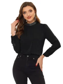 Allegra K Women's Work Pleated Front Long Sleeve Mock Neck Blouse -Allegra K GUEST 6ba95f82 991e 4384 b3b2 e6a288bf221e