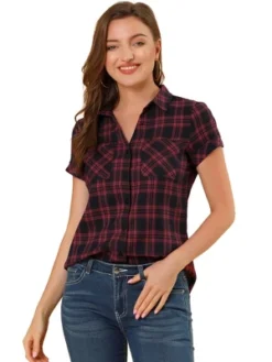 Allegra K Women's Point Collar Short Sleeve Button Down Plaid Shirt -Allegra K GUEST 6bd76d1b 0d1f 4da0 89e0 fdced56c42d1