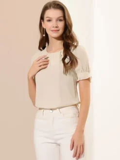 Allegra K Women's Round Neck Short Puff Sleeve Pleated Office Work Blouse