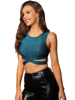 Allegra K Women's Party Glitter Cut Out Front Sleeveless Slim Fitted Crop Tank Top -Allegra K GUEST 6c008047 41b1 4a31 a18a ff8e4e33fe75