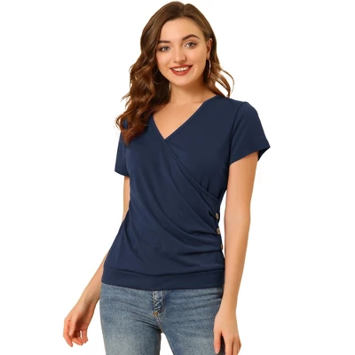 Allegra K Women's Wrap V Neck Short Sleeve Button Decor Ruched Blouses 9 Allegra K Women's Wrap V Neck Short Sleeve Button Decor Ruched Blouses - Image 9