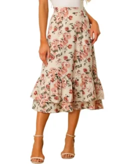 Allegra K Women's Chiffon Elastic Waist Ruffle Tiered Flowy Midi Printed Skirts -Allegra K GUEST 6d81b247 4867 4f69 9053 336688758368
