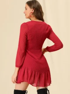 Allegra K Women’s Ruffle Hem Bow Tie V Neck Long Sleeve Swiss Dots Mini Dress -Allegra K GUEST 6def8d47 b342 44f3 ba05 ebf398a25cad