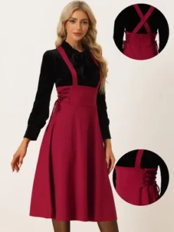 Allegra K Women's Brace High Waisted Lace Up Midi Suspender Skirt