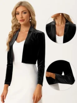 Allegra K Velvet Shrug For Women's Long Sleeve Open Front Cardigan Cropped Bolero Jacket