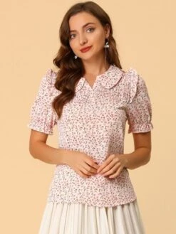 Allegra K Women's Peter Pan Collar Smocked Puff Short Sleeve Ruffle Floral Blouse -Allegra K GUEST 6f5449c2 df95 4f26 a724 c9b120fbcfcc