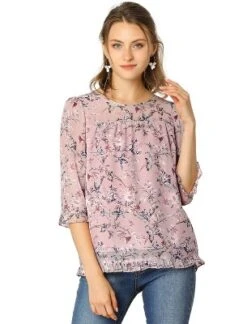 Allegra K Women's Casual Round Neck Ruffle 3/4 Sleeve Floral Print Chiffon Blouse -Allegra K GUEST 6f5f1d88 7118 4f36 ae1b 20a9d82d1e6e