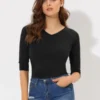 Allegra K Women's Casual Elbow Sleeves Solid Color V Neck T-Shirts