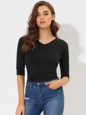 Allegra K Women's Casual Elbow Sleeves Solid Color V Neck T-Shirts 1 Allegra K Women's Casual Elbow Sleeves Solid Color V Neck T-Shirts