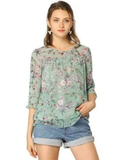 Allegra K Women's Casual Round Neck Ruffle 3/4 Sleeve Floral Print Chiffon Blouse -Allegra K GUEST 6f961a88 51aa 4257 b484 fa789349a6f0