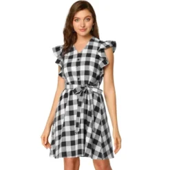 Allegra K Women's Casual Ruffled Sleeve A-Line Vintage Gingham Check Sundress -Allegra K GUEST 6fc5add5 f6db 4300 bc0b 99075a488c20