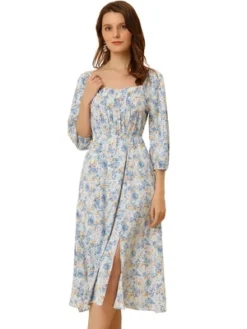 Allegra K Women's Ditsy Floral Square Neck Puff Sleeve Peasant Split Midi Dresses -Allegra K GUEST 7009460c 0552 4cf1 82dd a35ec2c705d6