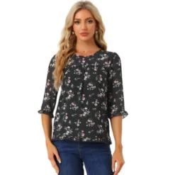 Allegra K Women's Casual Round Neck Ruffle 3/4 Sleeve Floral Print Chiffon Blouse -Allegra K GUEST 701df3c7 365c 4f6b 876c 5ef7750422f7