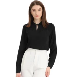 Allegra K Women's Pleated Mock Neck Pearl Decor Elegant Work Blouse -Allegra K GUEST 70856597 90fe 4633 a3c8 37193c75cfa1