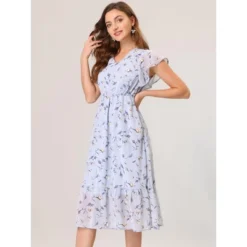 Allegra K Women's Floral Chiffon Elastic Waist V Neck Ruffled Hem Dress -Allegra K GUEST 70885ce9 1ffd 42a7 b8af 6dc599e0ab25