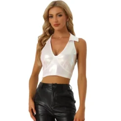 Allegra K Women's Shimmering Shiny Party Holographic Crop Metallic Halter Top -Allegra K GUEST 70ef6d9d 277a 42d6 8da8 629779b2d26e