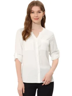 Allegra K Women's V Neck Roll Up Sleeve Button Up Work Shirt Blouse -Allegra K GUEST 7112d696 fd28 49ed b5d4 484d78707fca