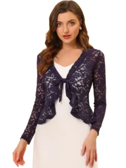 Allegra K Women's Tie Front Crop Cardigan Ruffled Hem Floral Lace Sheer Shrug Top -Allegra K GUEST 71539eff 29ca 4a83 9137 85f253f7d43e