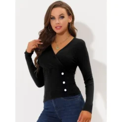 Allegra K Women's V Neck Pullover Slim Fit Top Long Sleeve Stretch Wrap Sweaters