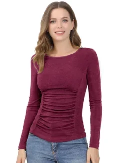 Allegra K Women's Round Neck Long Sleeves Ruched Blouse Casual Fitted Top -Allegra K GUEST 71a50fdd 7315 463b 98bd 274c4c954bc1