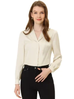 Allegra K Women's Elegant Collar V Neck Long Sleeve Work Office Satin Button Down Shirt -Allegra K GUEST 723205ef 8689 46b7 ac35 a6407f453a29