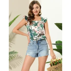 Allegra K Women's Tropical Floral Printed Square Neck Ruffle Sleeve Tank Top