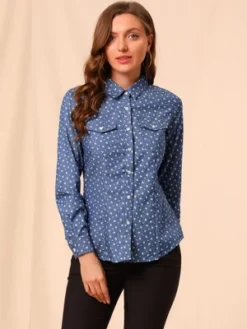 Allegra K Women's Point Collar Chest Pockets Button Down Dots Shirt -Allegra K GUEST 72674802 f1c4 4fa4 b13d bd4d29b30bac