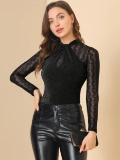 Allegra K Women's Party Tops Twist Neckline Glitter Sheer Mesh Long Sleeve Blouse -Allegra K GUEST 7282390d 6b78 4764 be30 d49817b46ecf