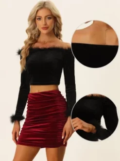 Allegra K Women's Long Sleeve Off Shoulder Party Velvet Blouses