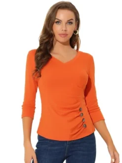 Allegra K Women's V Neck 3/4 Sleeves Solid Knitted Buttons Decor Ruched Blouse 39 Allegra K Women's V Neck 3/4 Sleeves Solid Knitted Buttons Decor Ruched Blouse -Allegra K GUEST 72fbc526 f888 47e1 9676 135e7a85d988