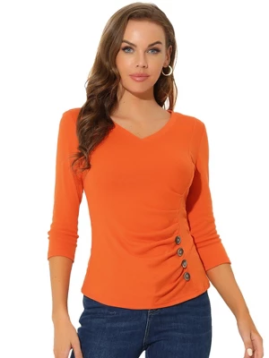 Allegra K Women's V Neck 3/4 Sleeves Solid Knitted Buttons Decor Ruched Blouse 20 Allegra K Women's V Neck 3/4 Sleeves Solid Knitted Buttons Decor Ruched Blouse - Image 20