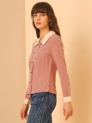 Allegra K Women's Contrast Peter Pan Collar Blouse Gingham Long Sleeve Button Front Shirt 3 Allegra K Women's Contrast Peter Pan Collar Blouse Gingham Long Sleeve Button Front Shirt - Image 3