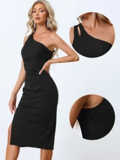Allegra K Women's One Shoulder Sleeveless Formal Party Slit Fashion Sheath Dress