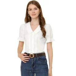 Allegra K Women's Pleated Short Sleeve V Neck Button Down Shirts -Allegra K GUEST 73244e81 dbe4 420c b66a c5f1b183e7a5