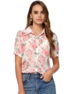 Allegra K Women's Turndown Collar Puff Sleeve Semi Sheer Chiffon Floral Blouses -Allegra K GUEST 733f2023 c739 45d0 8a6e 8631b416749e