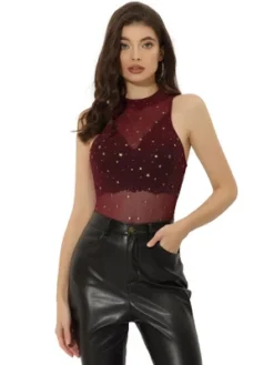Allegra K Women's Metallic Star Mesh Mock Neck Sleeveless See Through Party Crop Top -Allegra K GUEST 735dfe06 bda1 4a9c bc10 cce579179e77