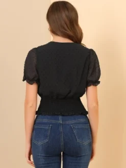 Allegra K Women's V Neck Short Puff Sleeve Swiss Dots Smocked Waist Summer Blouse -Allegra K GUEST 73b60034 d857 47b6 9428 978e7f8cd8d7