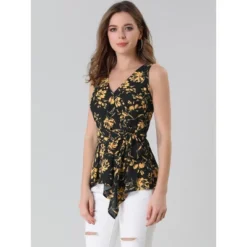 Allegra K Women's Sleeveless V Neck Tie Waist Asymmetric Hem Wrap Peplum Tank Tops