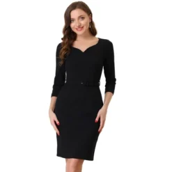 Allegra K Women's Elegant Sweetheart Neck 3/4 Sleeve Belted Office Pencil Sheath Dress -Allegra K GUEST 746b47b8 4313 43a3 849f 9661569f8130