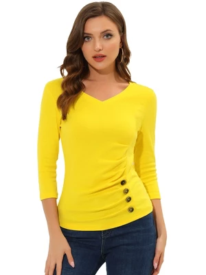 Allegra K Women's V Neck 3/4 Sleeves Solid Knitted Buttons Decor Ruched Blouse 18 Allegra K Women's V Neck 3/4 Sleeves Solid Knitted Buttons Decor Ruched Blouse - Image 18