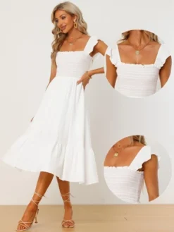 Allegra K Women's Square Neck Ruffle Trim Flowy Smocked Midi Dress