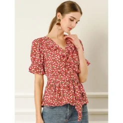 Allegra K Women's Peplum Waist Sweet Cherry Floral Crossover V Neck Ruffle Wrap Blouse