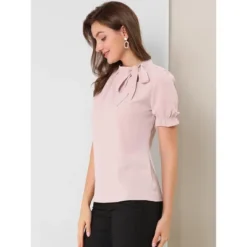 Allegra K Women's Bow Tie Neck Elegant Office Short Sleeve Blouse -Allegra K GUEST 756705f6 08a7 4878 b034 c3ebf325caaf
