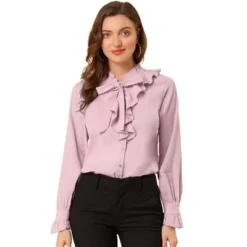 Allegra K Women's Ruffle Tie Neck Ruffle Cuff Button Front Solid Work Shirt -Allegra K GUEST 75bcaf67 6670 4af1 8250 b56bd2d93ea8