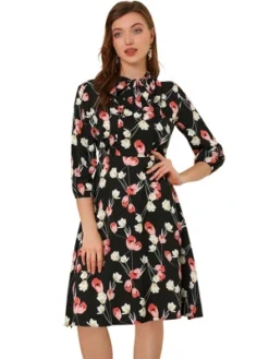 Allegra K Women's Floral Tie Neck 3/4 Sleeve Office Work Midi Flowy Flare Dress -Allegra K GUEST 760a849c 2c74 4768 94fc 552e3c8b98fb