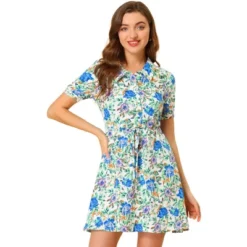 Allegra K Women's Point Collar Floral Button Up Tie Waist Summer Dresses -Allegra K GUEST 761cb26e d160 4995 8deb 750be6c53aff