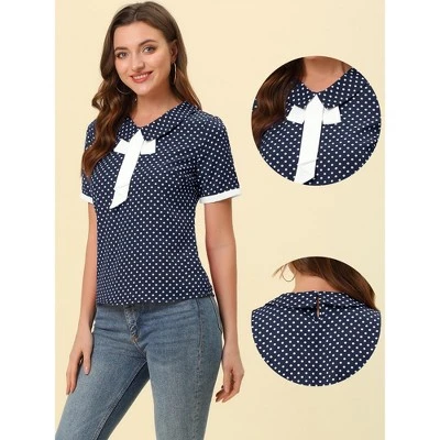 Allegra K Women's Polka Dots Flat Collar Contrast Tie Neck Short Sleeve Blouses 1 Allegra K Women's Polka Dots Flat Collar Contrast Tie Neck Short Sleeve Blouses
