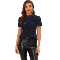 Allegra K Women's Sequin Velvet Crew Neck Short Sleeve T-shirt -Allegra K GUEST 769337e4 f86f 4b08 b7aa 54830e6974dd