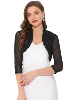 Allegra K Women's Mesh 3/4 Sleeves Open Front Elegant Ruffle Crop Bolero Shrugs -Allegra K GUEST 76ee41a6 9df2 4a01 861a 4934836a1999