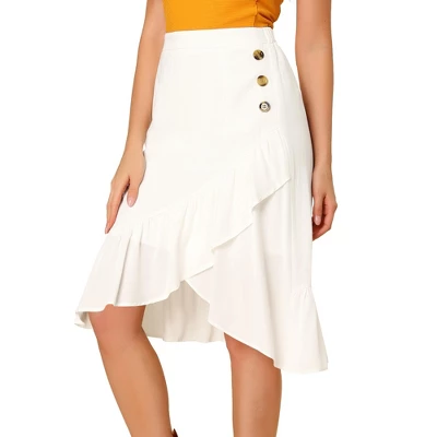 Allegra K Women's Button Decor High Waist Solid Color Asymmetrical Ruffle Skirt 8 Allegra K Women's Button Decor High Waist Solid Color Asymmetrical Ruffle Skirt - Image 8